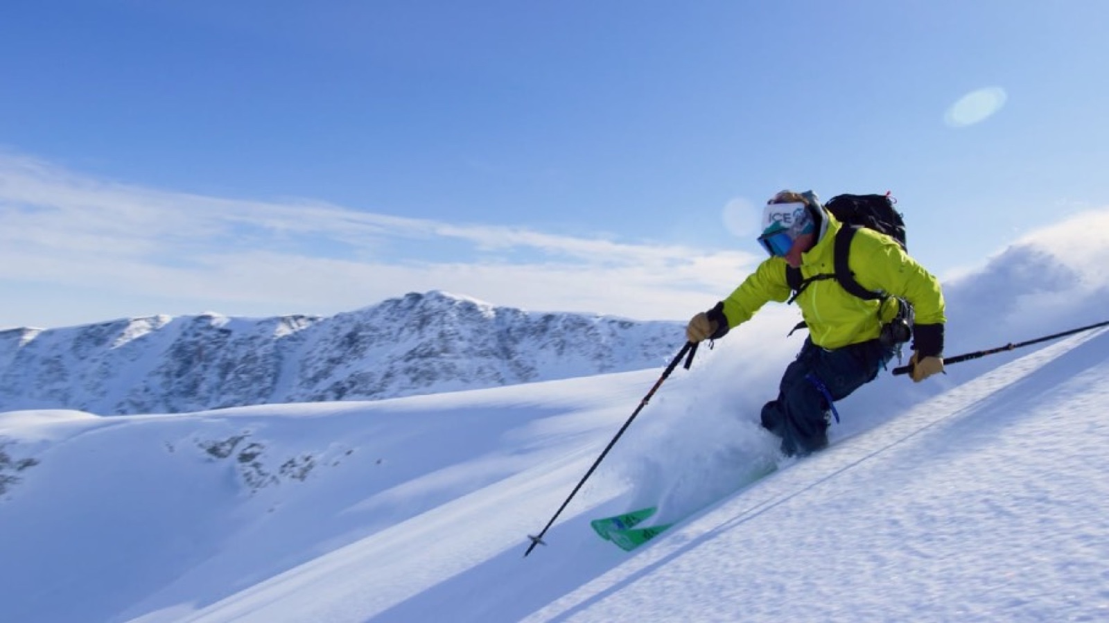 Heli-ski skier descending in Greenland